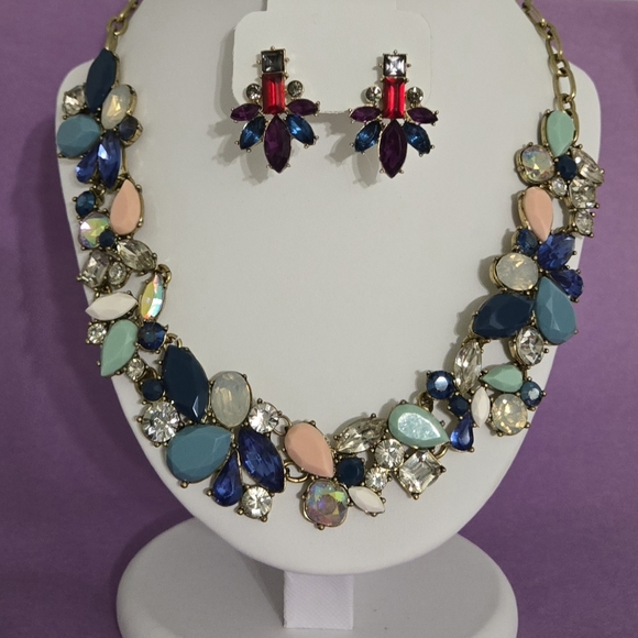 J Crew Multicolor Crystal Rhinestone Statement Necklace Unbranded Earring Set - Picture 12 of 16